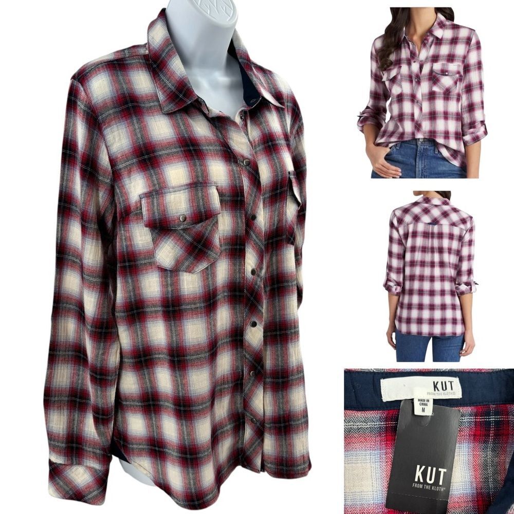 Kut From The Kloth Boylen Plaid Top Snap Closure Western Sz.M NWT